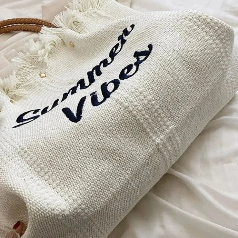 Letter Embroidered Fringe Trim canvas Crochet Bag - Picture 6 of 8